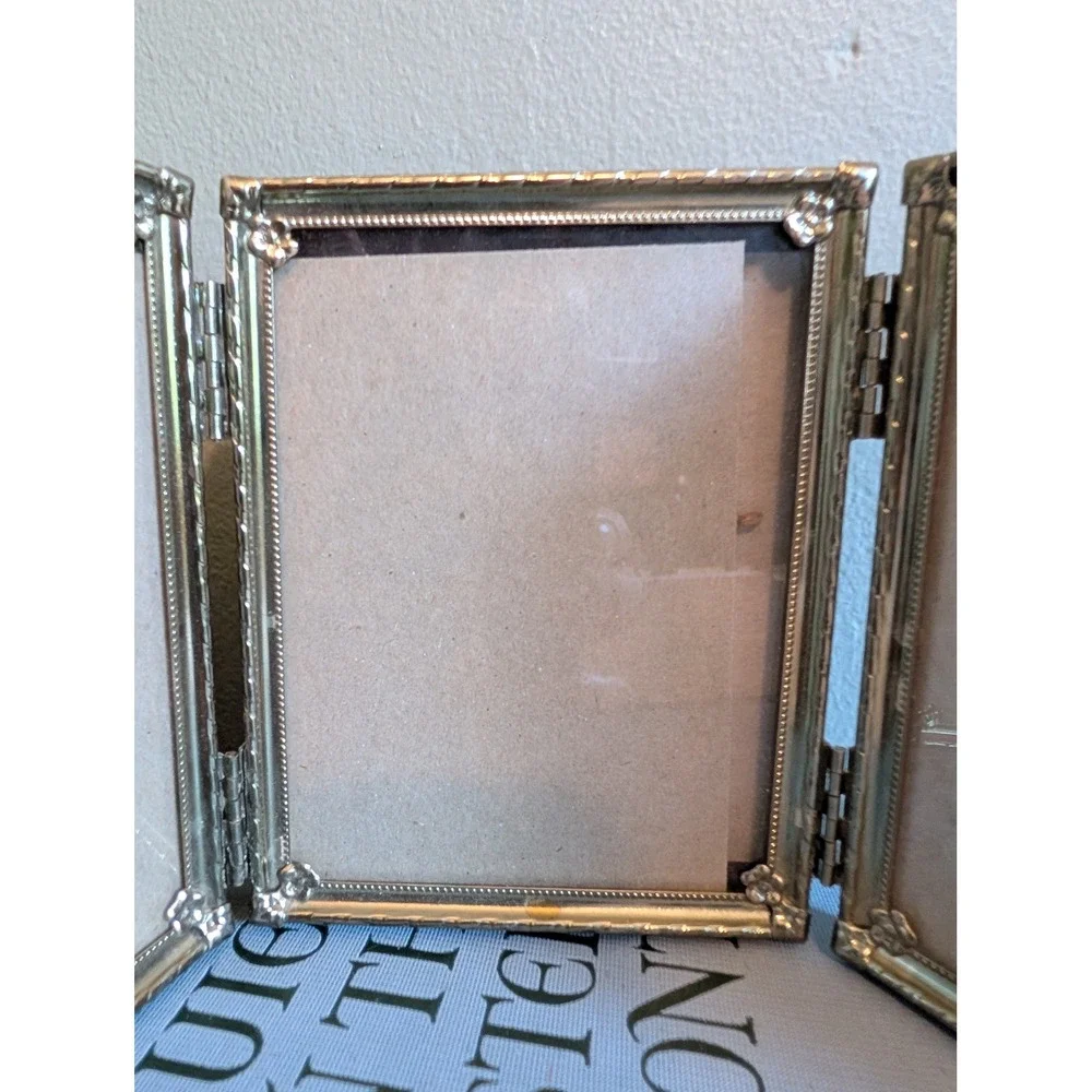 Vintage Mid Century Brass Toned Triptych Hinged Picture Frame Floral Embossed